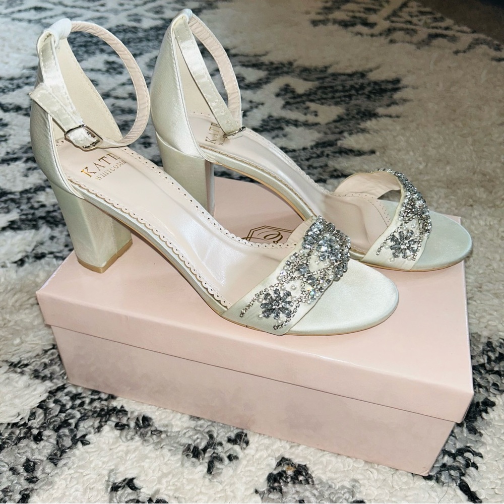 Kate Whitcomb Lucy Ivory Block Wedding Heels, Size 8.5